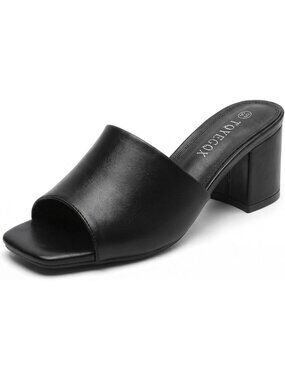 Women's Black Pu Comfortable Square Open Toe Chunky Block Low Sandals Heels